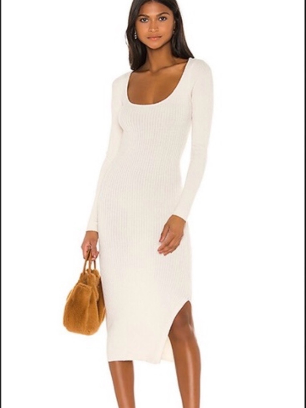 L'Academie   Cream Ribbed Scoop-Neck Long-Sleeve Maxi Dress